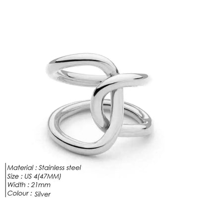 Women's stainless steel adjustable ring with a knotted detail on a geometric U-shape band.