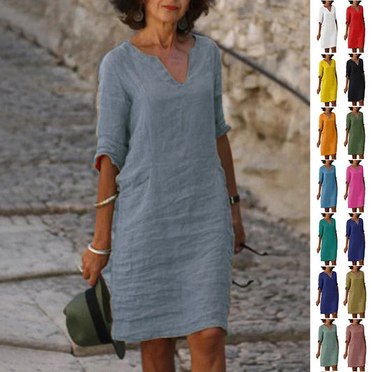 Retro cotton and linen V-neck dress with high waist and summer stitching in various colours