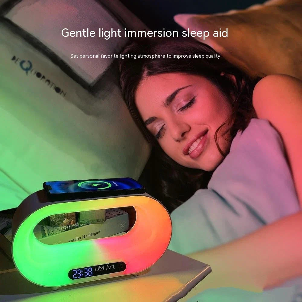 Multifunctional wireless charging desk lamp with dimmable RGB LED lighting, alarm clock, and fast wireless charging pad