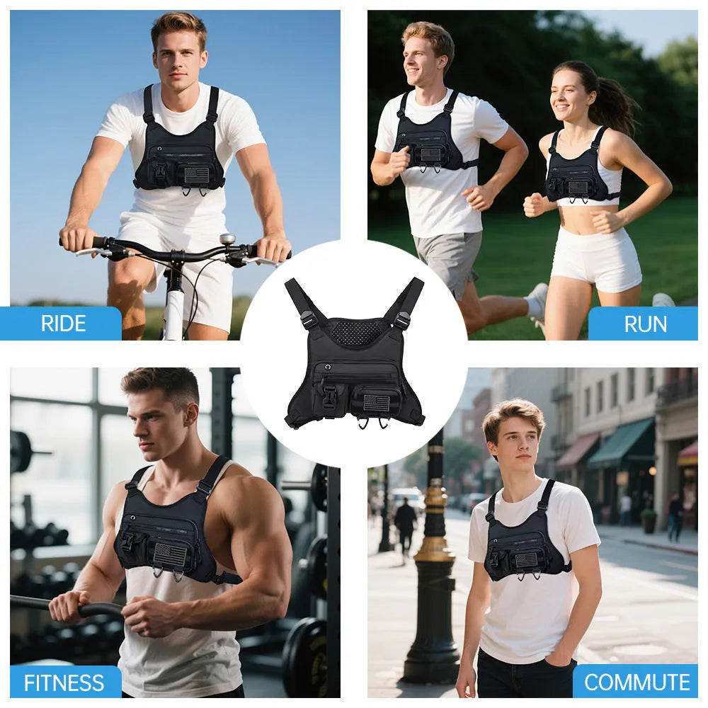 Black outdoor sports chest bag with vest straps and sewing line detailing.