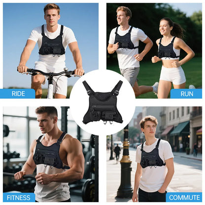 Black outdoor sports chest bag with vest straps and sewing line detailing.