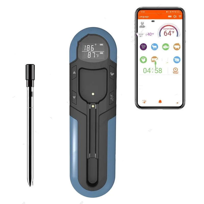 Bluetooth BBQ thermometer in grey, blue or orange, 175 x 49 x 20mm, with app control and magnet design