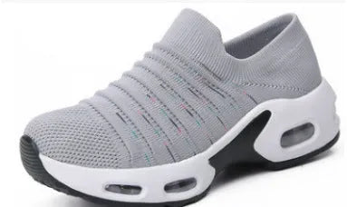 Fly-knit socks shoes in light grey with a stretch mesh upper and round toe