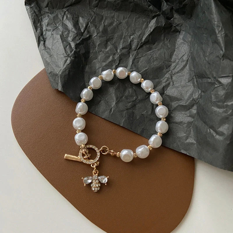Classic Natural Stone Pearl Pendant Bracelet with insect motif for women