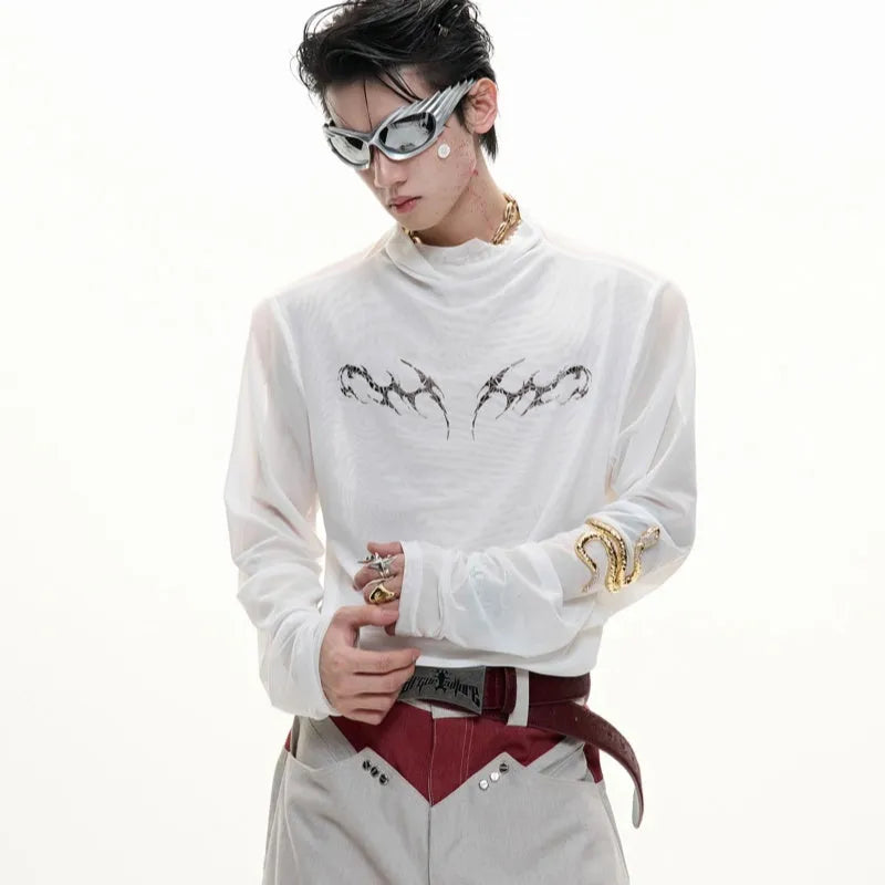 Black and white long sleeve slim fit mesh bottoming shirt laid flat.