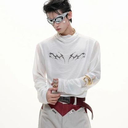 Black and white long sleeve slim fit mesh bottoming shirt laid flat.