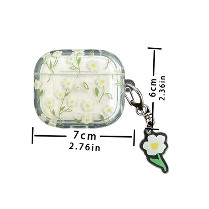 Clear white floral TPU protective cover on an Apple AirPods Pro charging case.