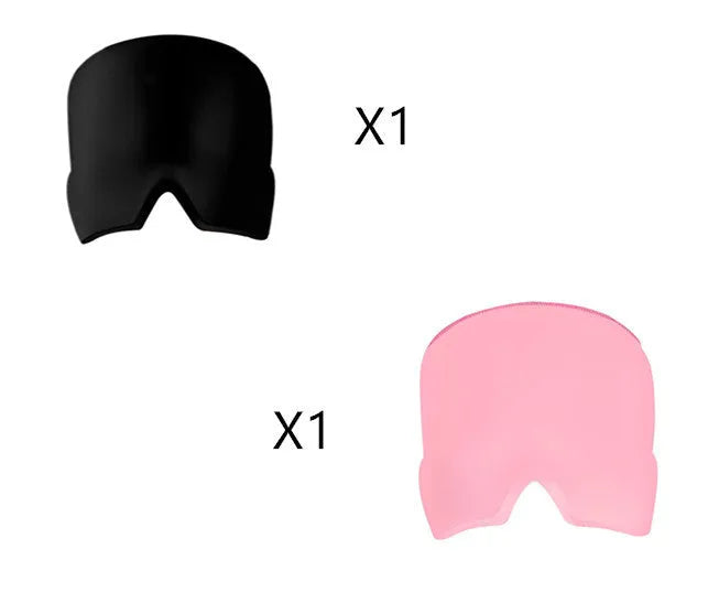 Black elastic cloth gel cold compress eye mask for headache relief on a grey background.
