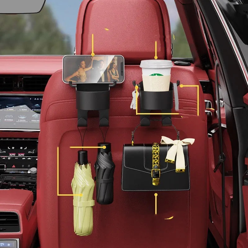 Black plastic car seat back organiser with cup holder and hook functionality