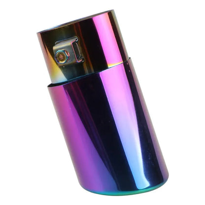Stainless steel car exhaust tailpipe in baked blue finish, showing straight and curved outlet options.