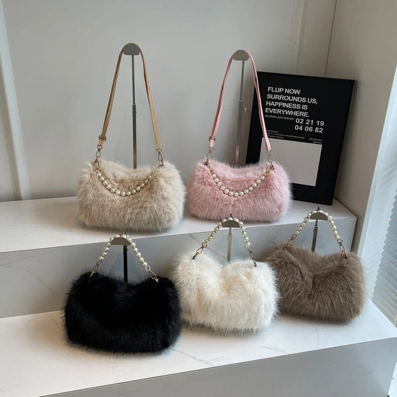 Autumn and winter plush pearl chain crossbody bag for women in various colours