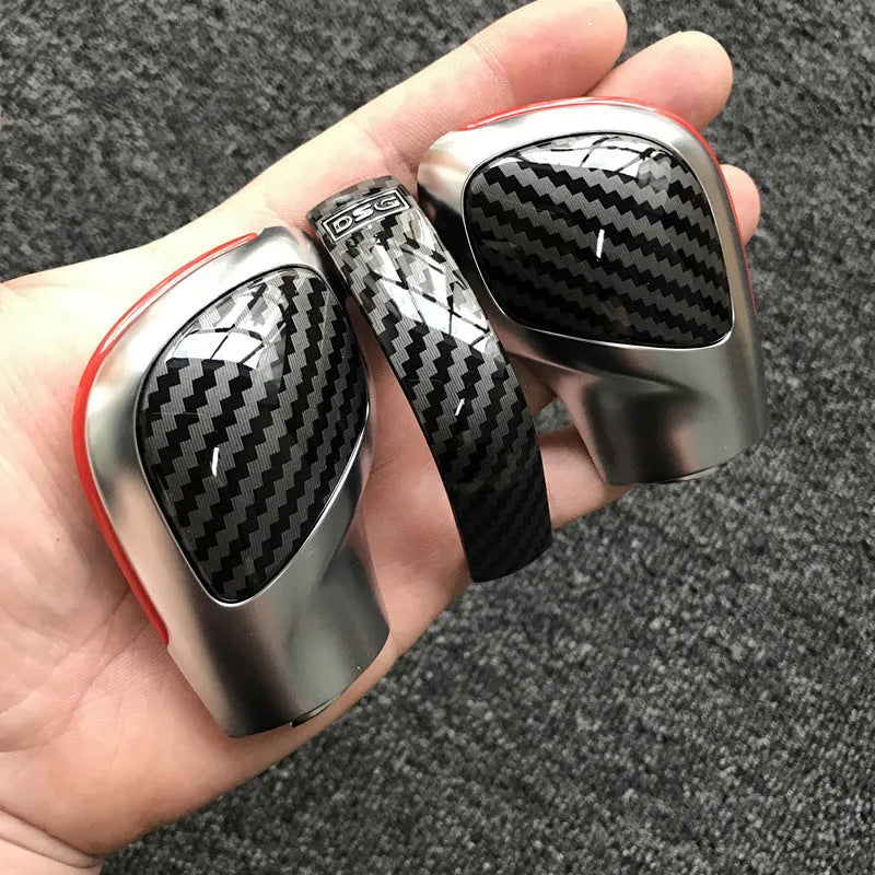 Carbon fibre gear shift side cover for Volkswagen DSG transmission with leather knob