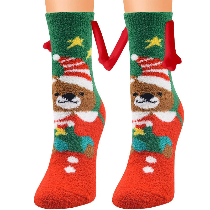 Christmas couple socks with magnetic suction feature for hand holding, in various animal patterns