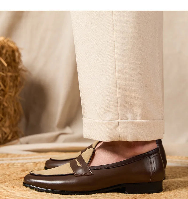 Men's coffee grey suede leather loafers with a kick-on closure, shown on a white background.