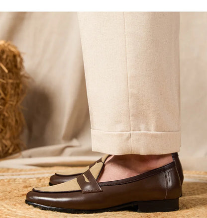 Men's coffee grey suede leather loafers with a kick-on closure, shown on a white background.