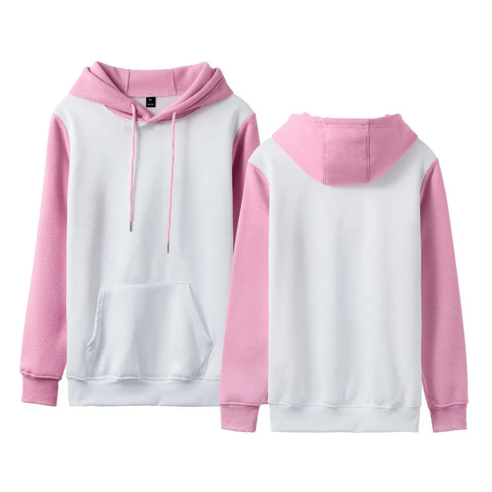 Man wearing a white loose fleece-lined hoodie with contrast stitching, showing the pullover style and hood.