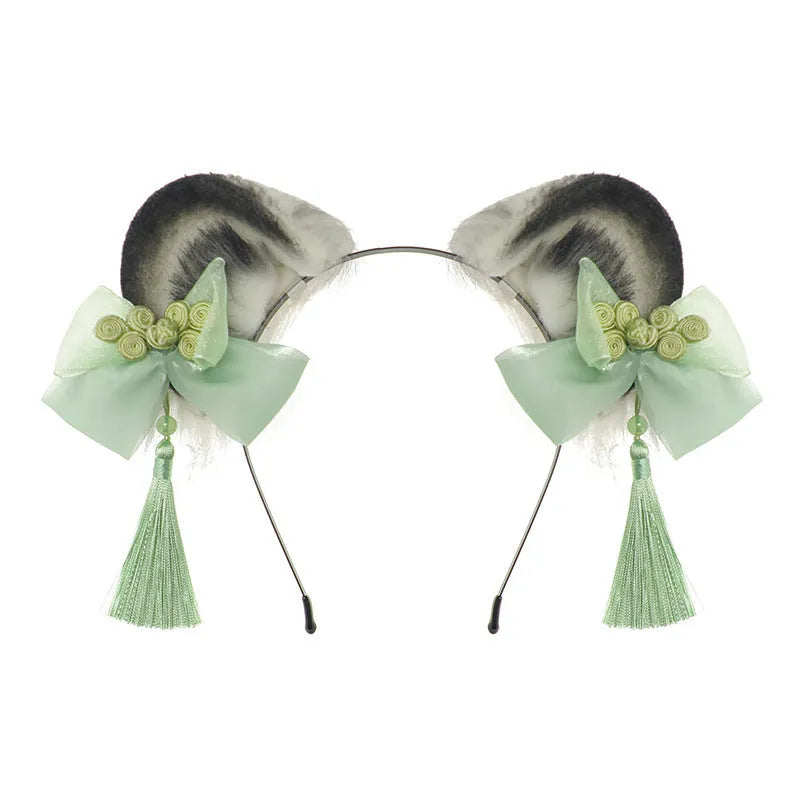 Plush panda animal ears headband with tassel in pink, blue, green and purple, handmade unisex Chinese style hair accessory