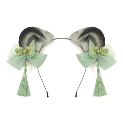 Plush panda animal ears headband with tassel in pink, blue, green and purple, handmade unisex Chinese style hair accessory