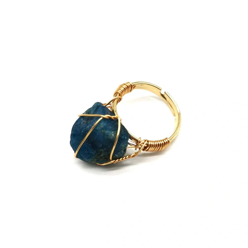Adjustable hand-wrapped rough stone agate ring in various colours with ethnic design