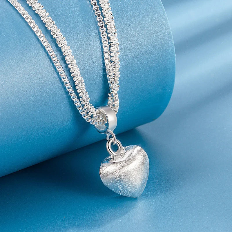 Double layer brushed heart pendant necklace for women with water wave chain