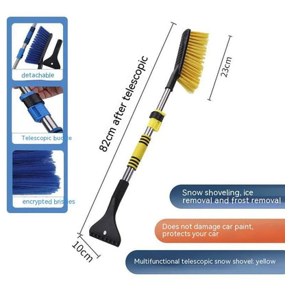 Yellow telescopic car snow scraper brush with thickened plastic snow ploughing blade for winter defrosting