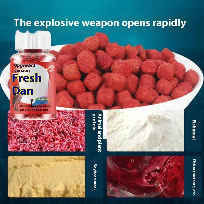 Grass green crucian carp fishing bait particles in bottle packaging for freshwater angling