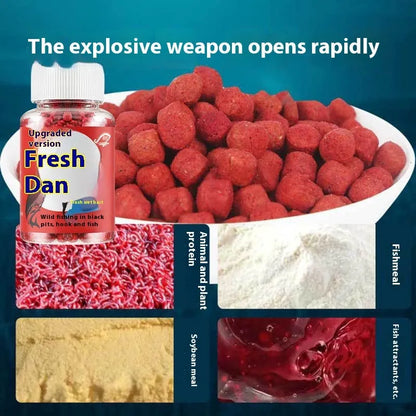 Grass green crucian carp fishing bait particles in bottle packaging for freshwater angling