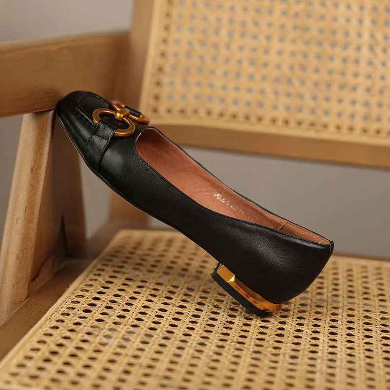 Women's Mary Jane style low heel pumps with square toe and shallow mouth design in multiple colours