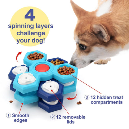 Blue 4-layer slow feeder puzzle dog bowl for mental stimulation and digestion