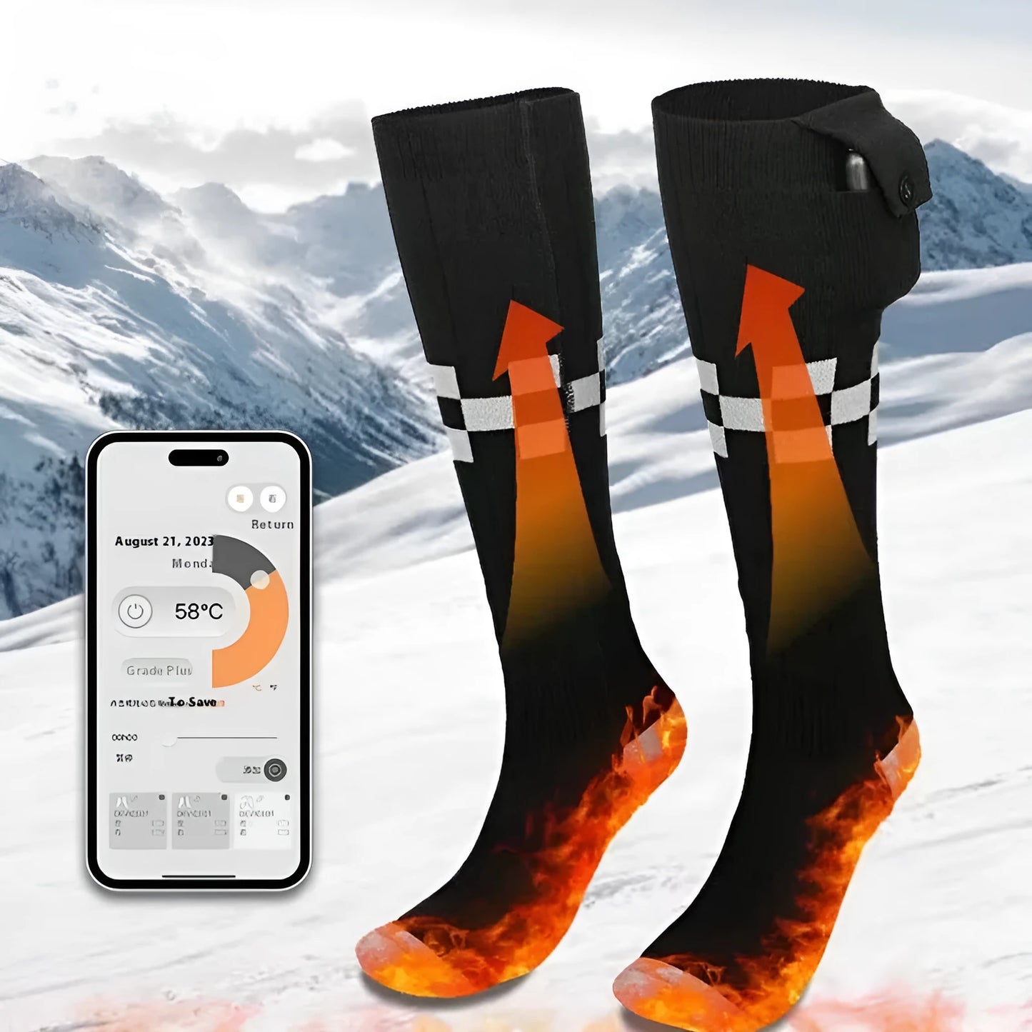 Black and grey mesh smart heating socks with USB cable and battery for skiing.