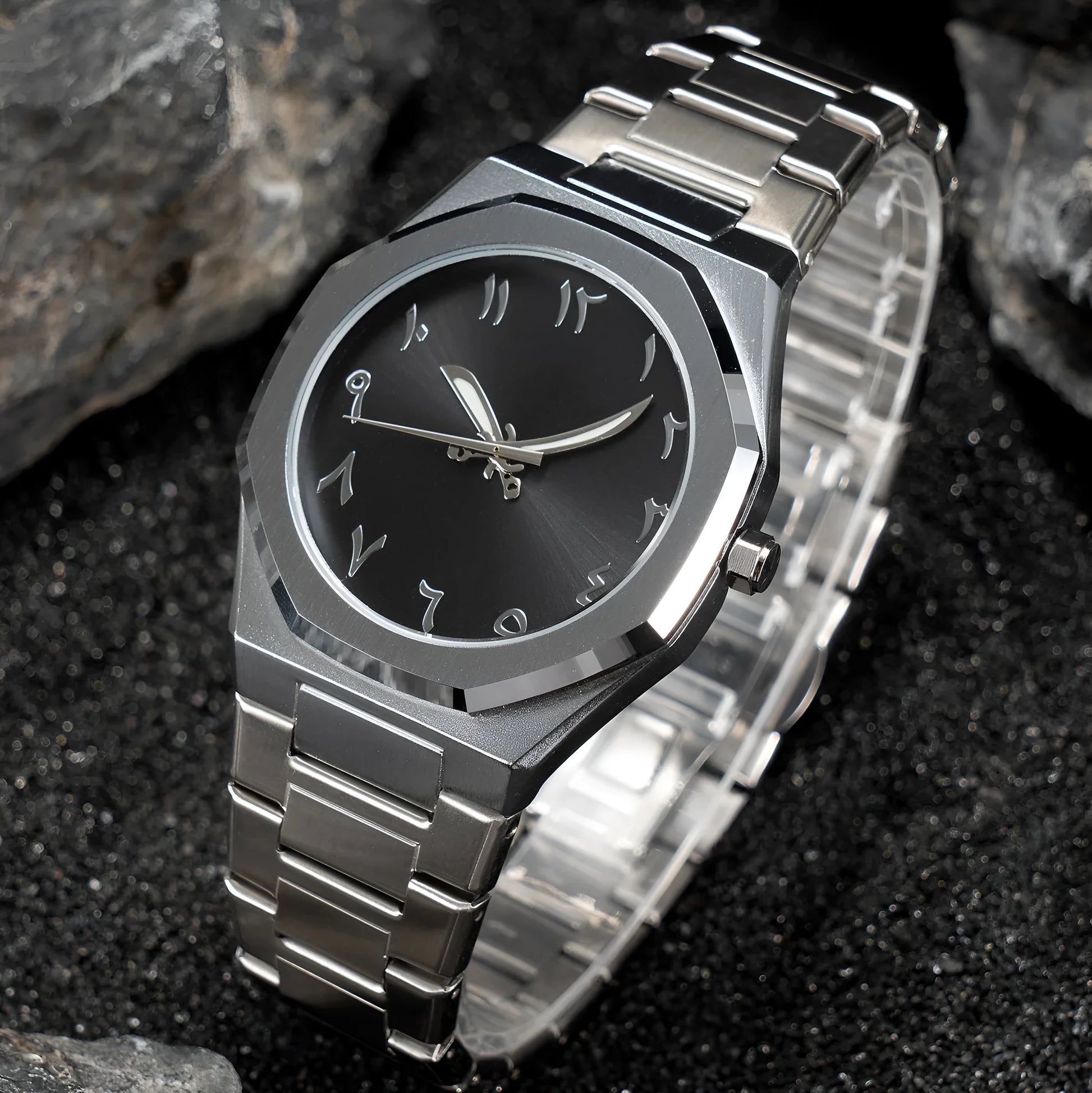 Men's business casual quartz watch with steel belt in black and silver colours, showing 10mm thick case.