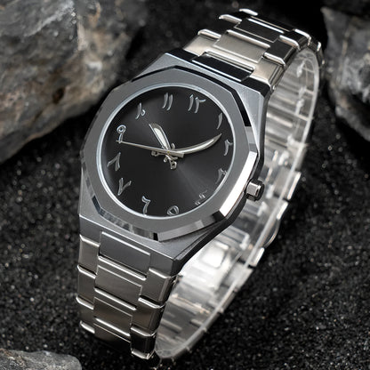 Men's business casual quartz watch with steel belt in black and silver colours, showing 10mm thick case.
