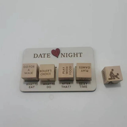 Wooden date night dice set with five 16x10cm dice, planner board, and black storage bag for couple activities