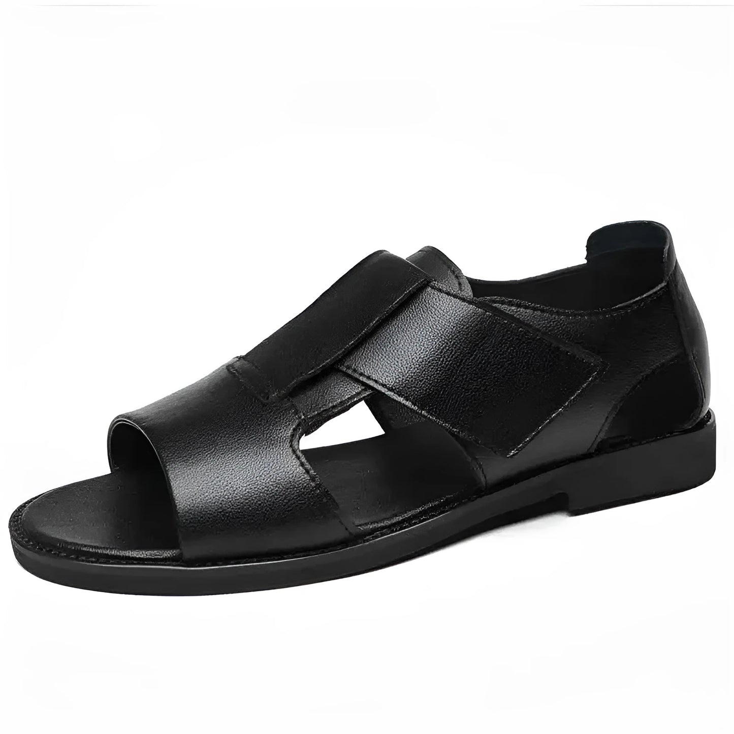 Men's brown leather Roman sandals with an open toe and rubber sole on a wooden surface.