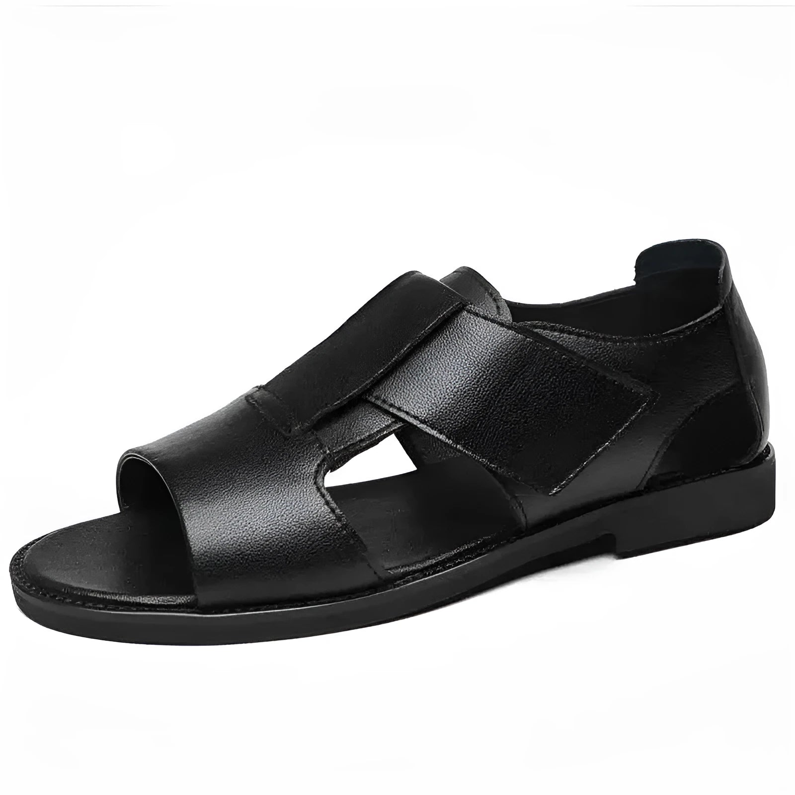Men's brown leather Roman sandals with an open toe and rubber sole on a wooden surface.