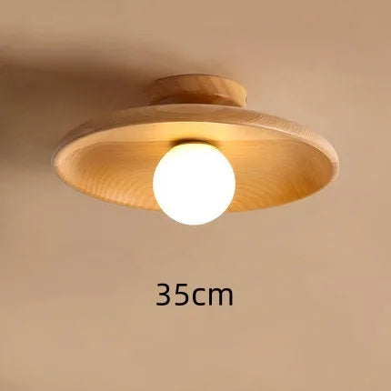 Solid wood minimalist ceiling lamp with glass shade in wood or walnut finish