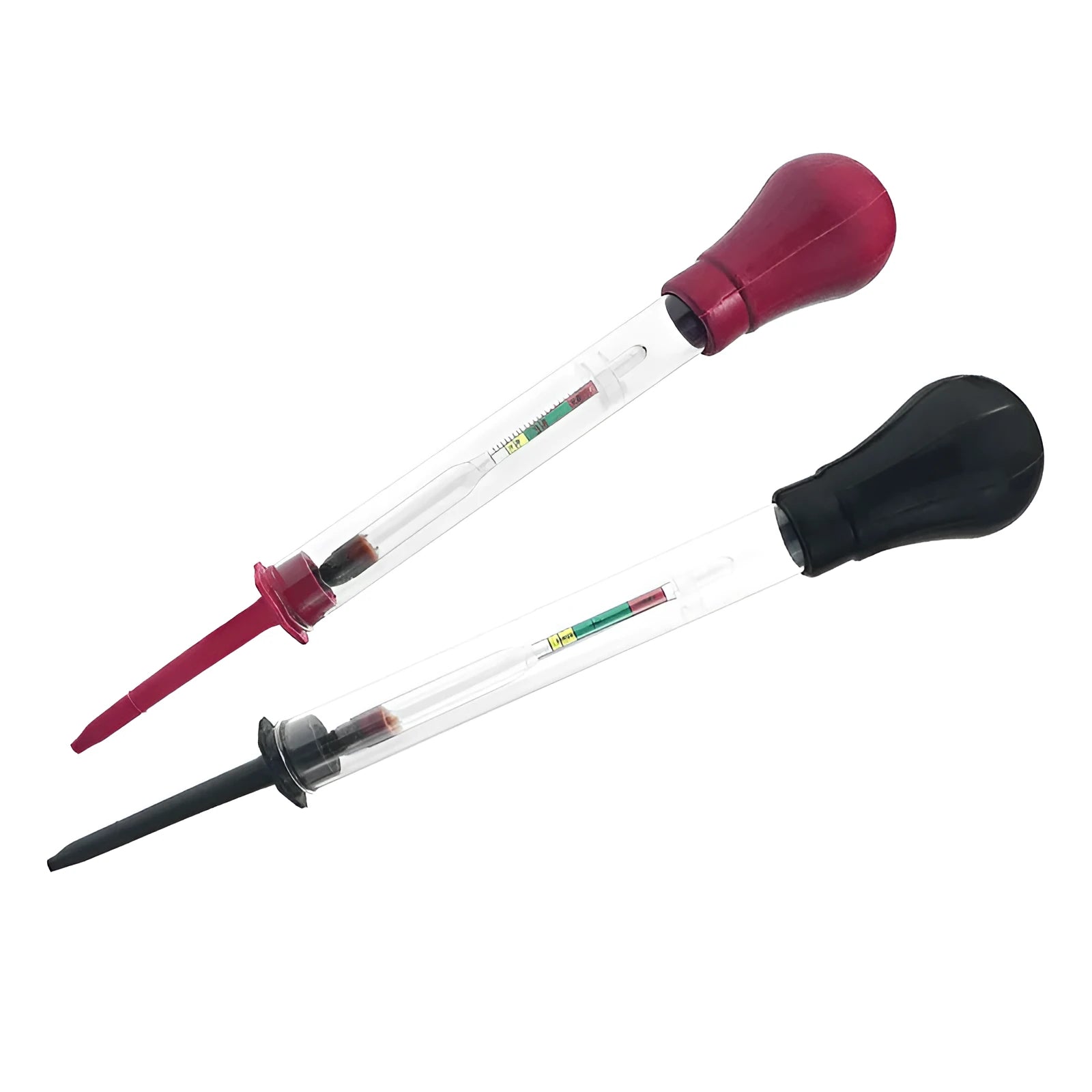 A red and black glass electrohydraulic hydrometer for testing car battery electrolyte density.