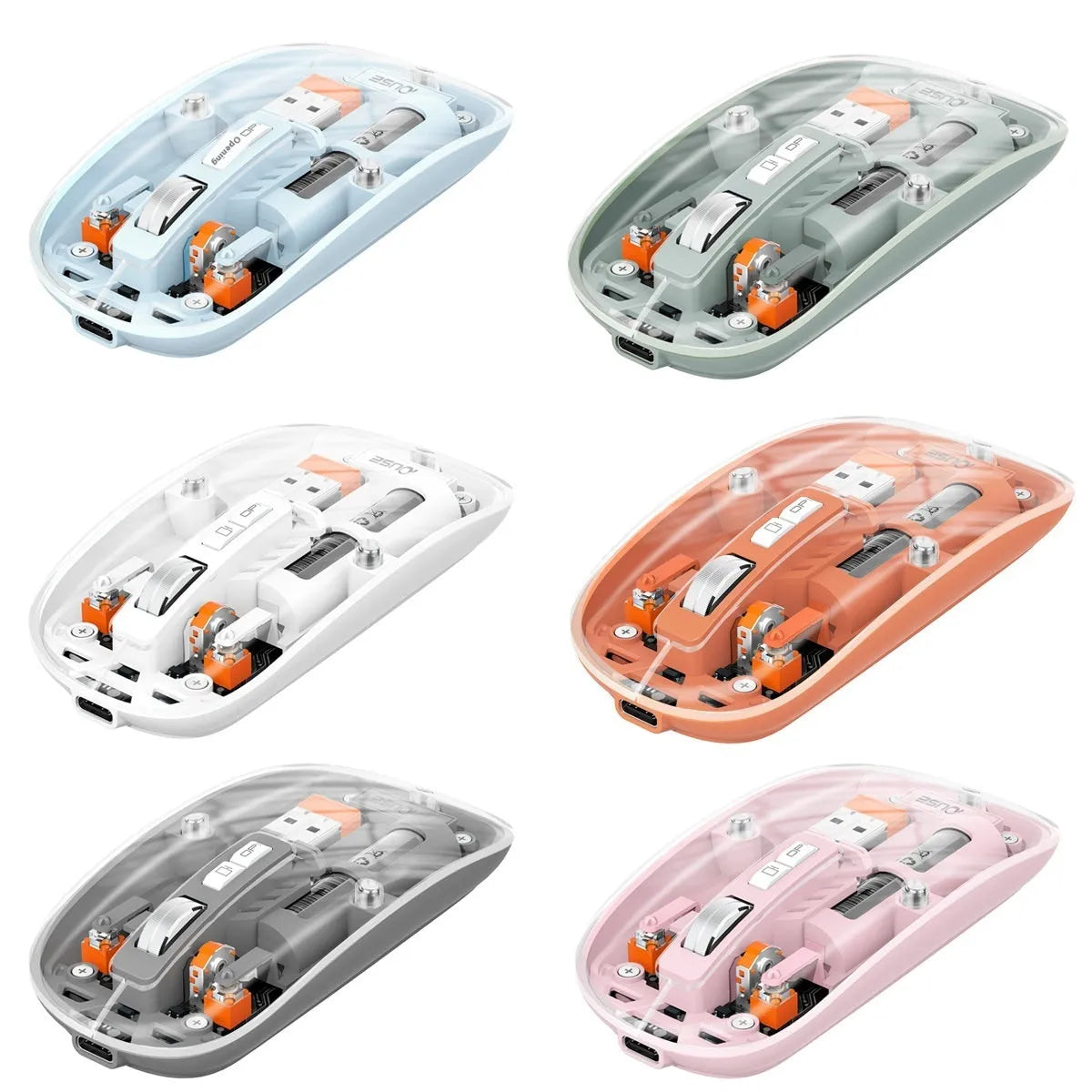 Transparent wireless computer mouse in blue on a desk next to a laptop