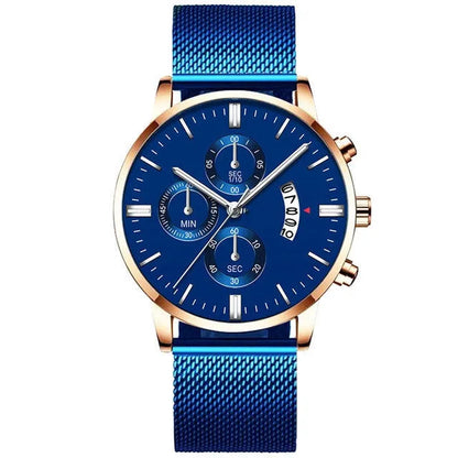 Men's stainless steel mesh band quartz watch with analog dial on a wrist.