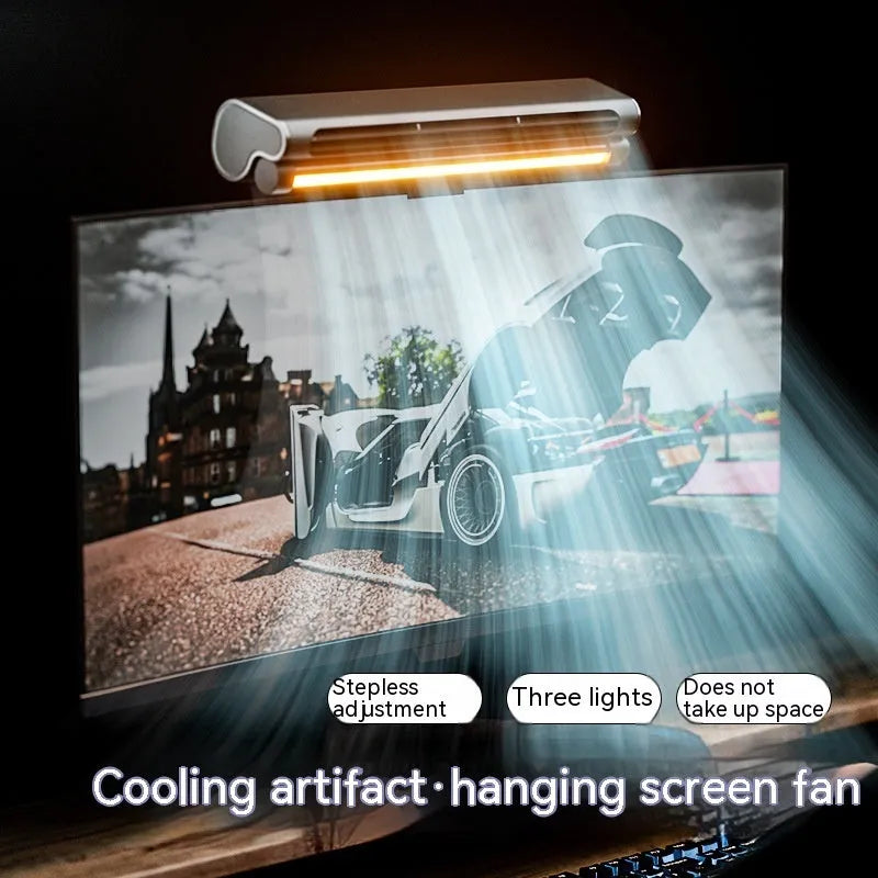 Black USB bladeless fan clipped to laptop screen showing 32.5cm width and eye-protection lamp