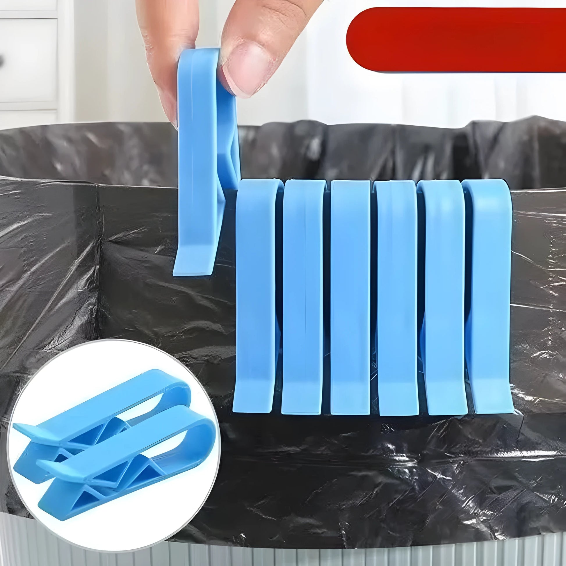 A white polypropylene plastic clip for holding a rubbish bag onto the rim of a bin.
