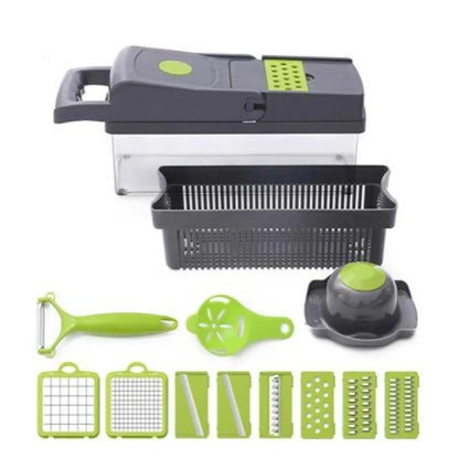 Grey stainless steel manual vegetable cutter with set of eight blades and egg separator attachment