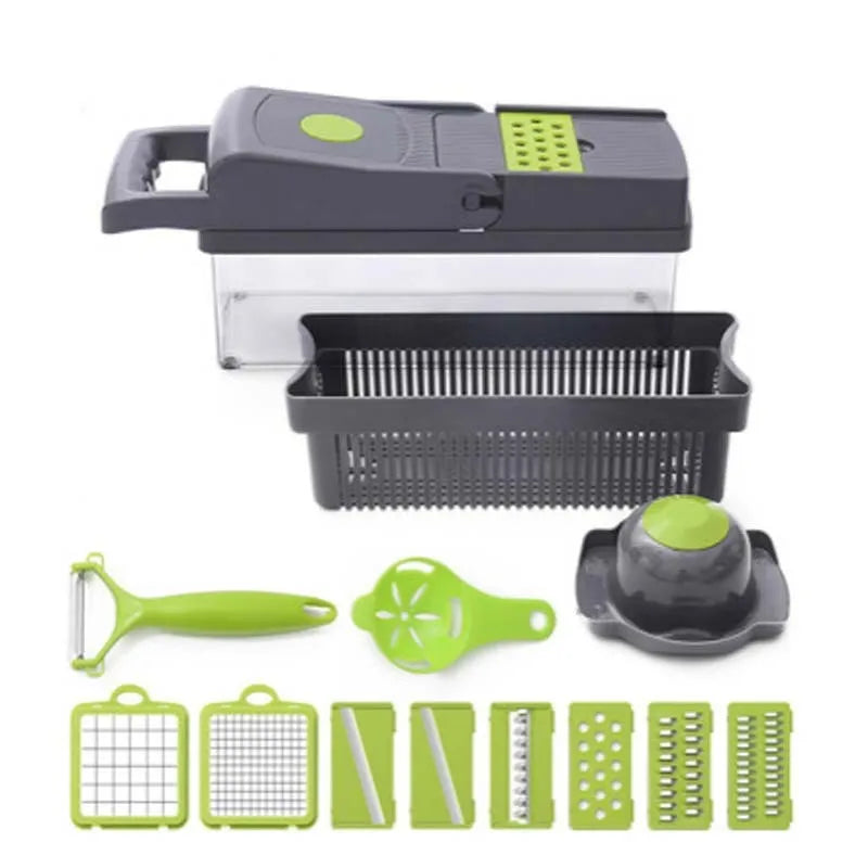 Household kitchen vegetable cutter with 8 interchangeable stainless steel blades for slicing, shredding and grating, grey manual food processor measuring 33.5x10x12.5cm includes egg separator and garlic slicer attachments