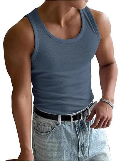 Men's tight-fitting grey sports t-shirt with a round neck, shown flat.