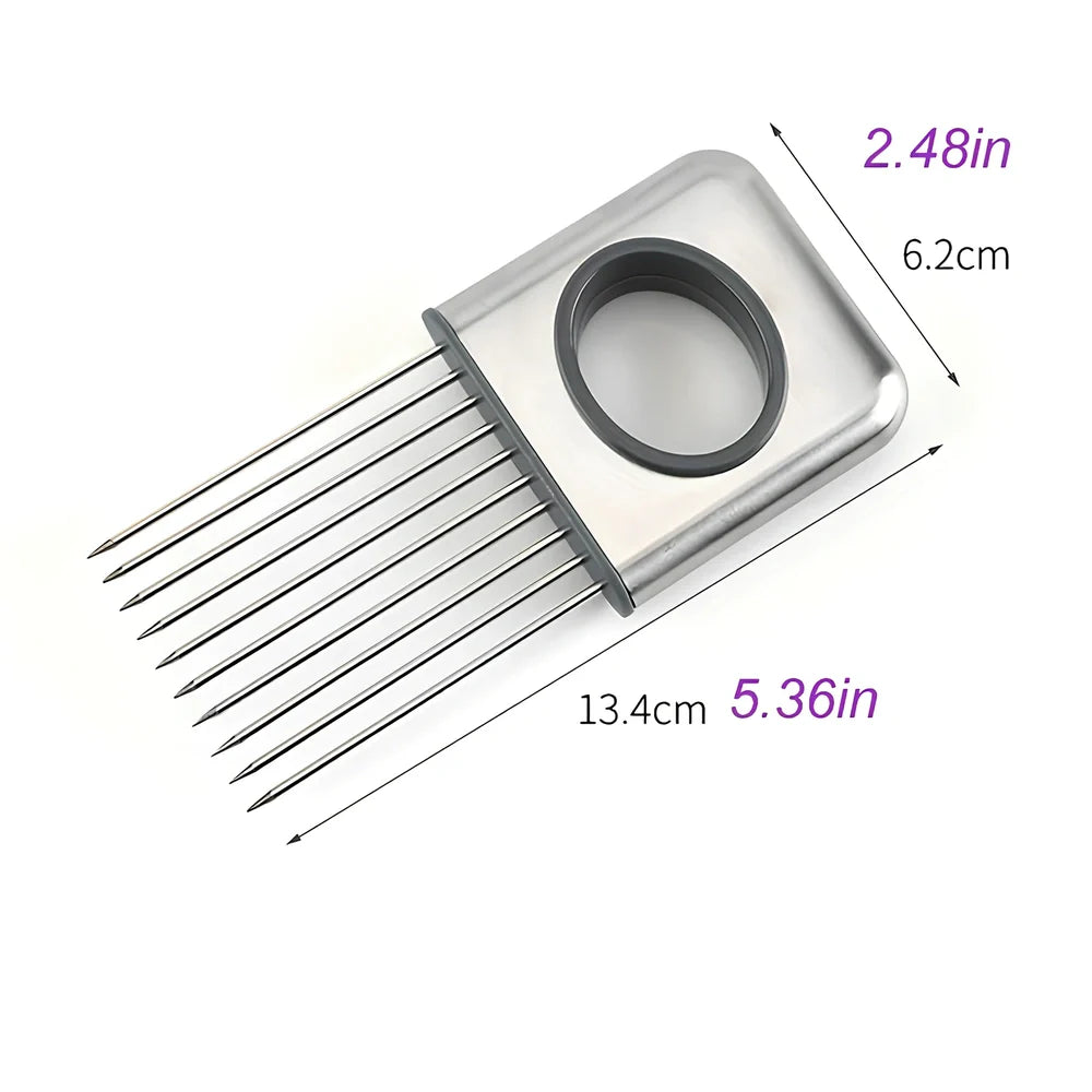 Stainless steel onion holder with black ABS handle for slicing and meat tenderising