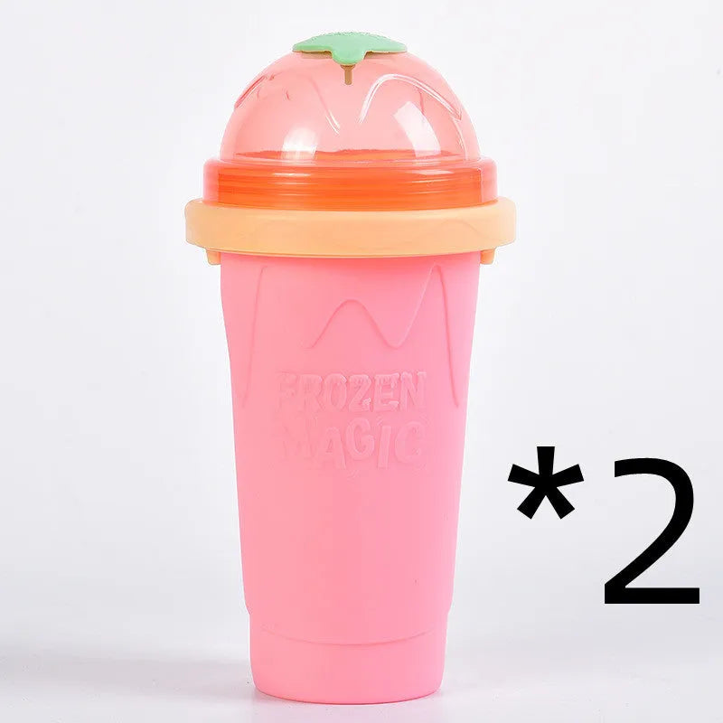 Smoothie cup in mint green or light pink with lid, straw spoon, and 201-300ml capacity for quick slush making