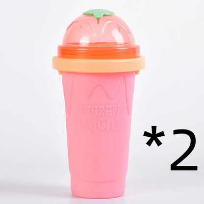 Smoothie cup in mint green or light pink with lid, straw spoon, and 201-300ml capacity for quick slush making