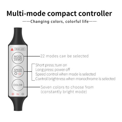 USB-powered RGB LED light strip for car interior with manual controller and five length options.