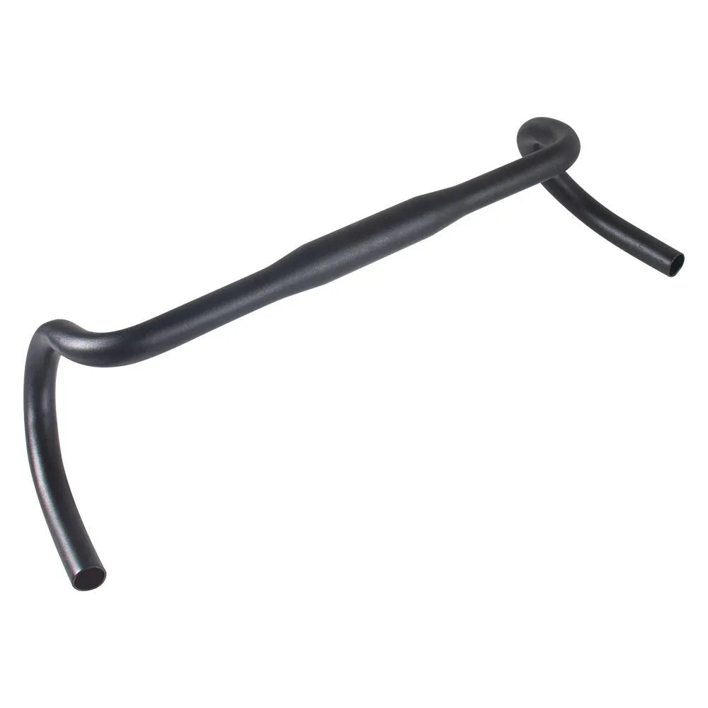 Black aluminium alloy road bike bent handlebar showing 420mm width and 31.8mm clamp area
