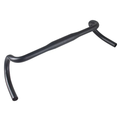 Black aluminium alloy road bike bent handlebar showing 420mm width and 31.8mm clamp area